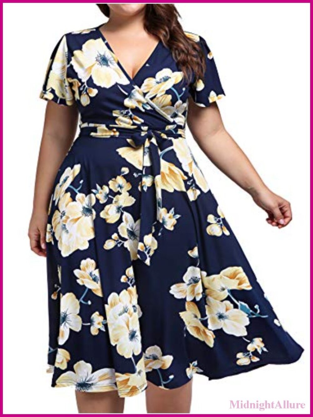 Plus Size Floral Midi Dress V-Neck with Pockets Cocktail Party